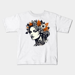 Graphic Art Portrait – Woman, Leaves, And Gears Kids T-Shirt